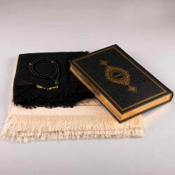 Şal + Seccade + Tesbih + Kuran Hediye Seti (Orta Boy, Siyah-1)