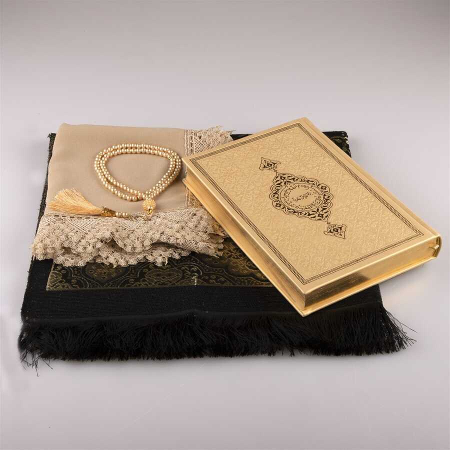 Şal + Seccade + Tesbih + Kuran Hediye Seti (Orta Boy, Gold-1)