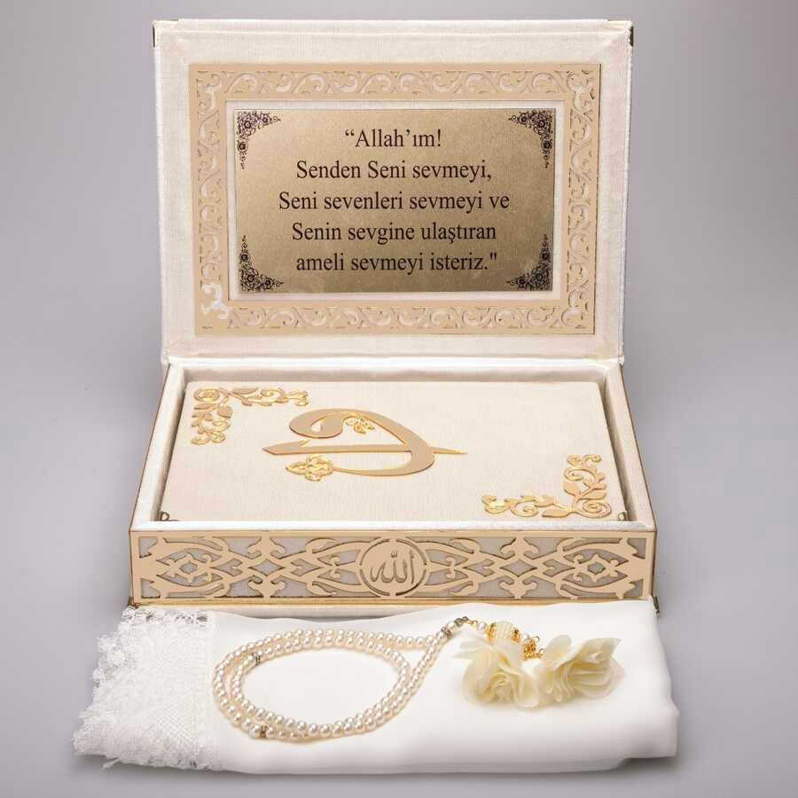 Şal + Tesbih +  Kuran Hediye Seti (Orta Boy, Gold Pleksi)