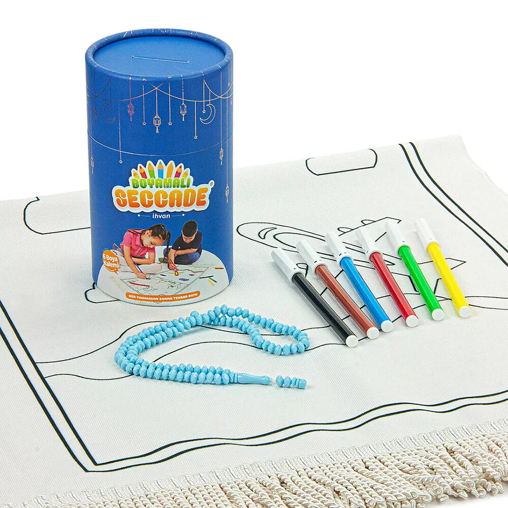 Çocuklara Özel Yıkanabilir Boyamalı Seccade Seti Mavi - HAYRAT NEŞRİYAT