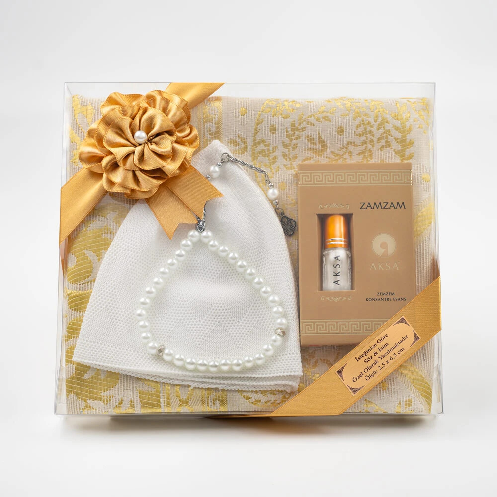 Takke + Esans + Tesbih + Seccade Hediye Seti (Gold) - HAYRAT NEŞRİYAT