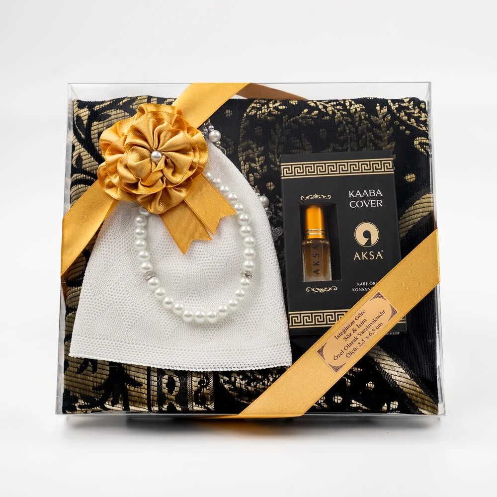 Takke + Esans + Tesbih + Seccade Hediye Seti (Siyah) - HAYRAT NEŞRİYAT