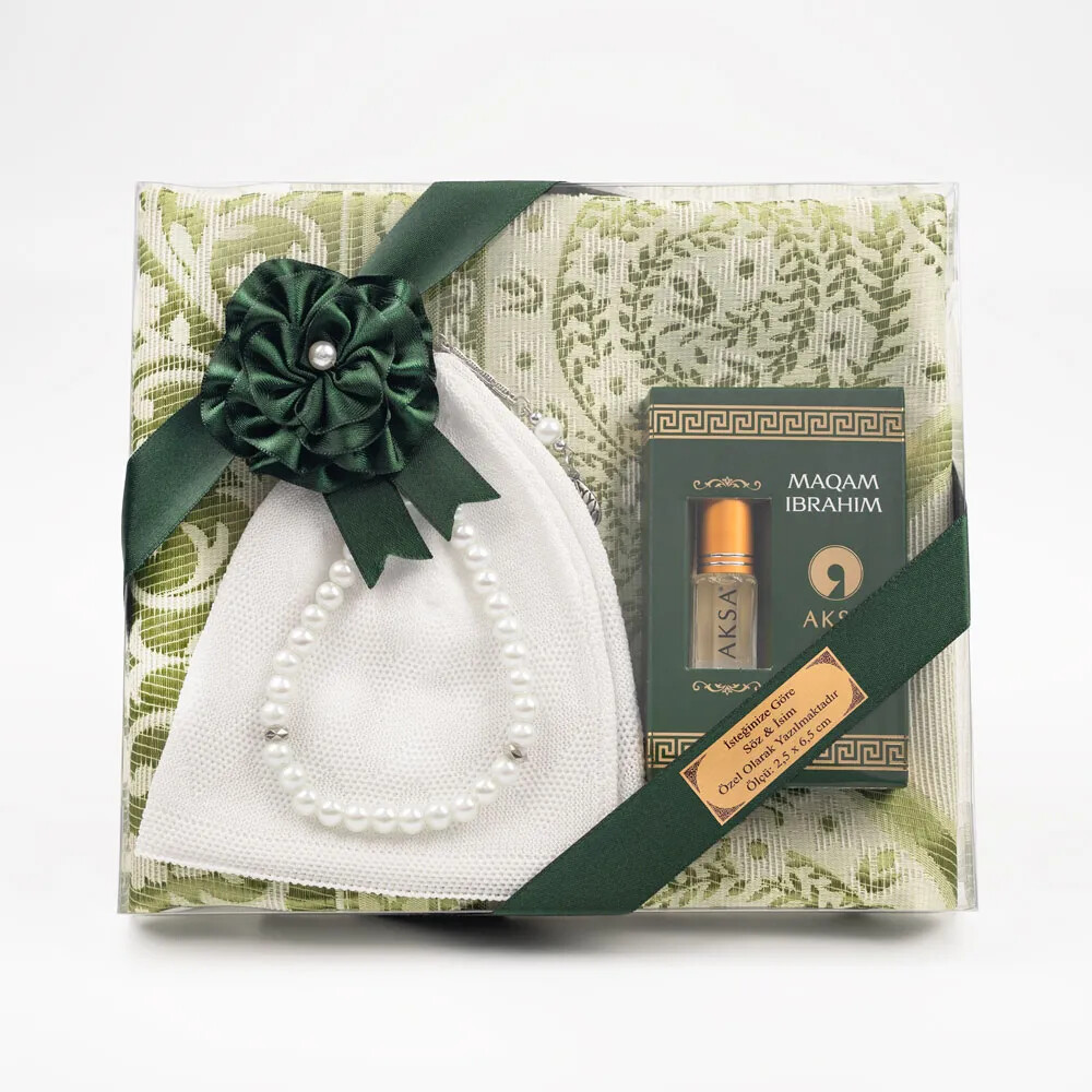 Takke + Esans + Tesbih + Seccade Hediye Seti (Yeşil) - HAYRAT NEŞRİYAT